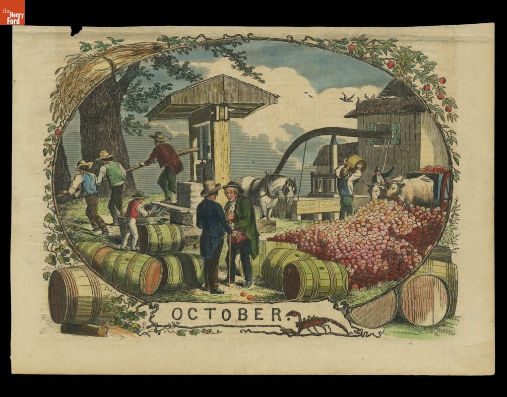 Color print with text "OCTOBER" at bottom and scene with people and animals working around barrels and a large pile of apples
