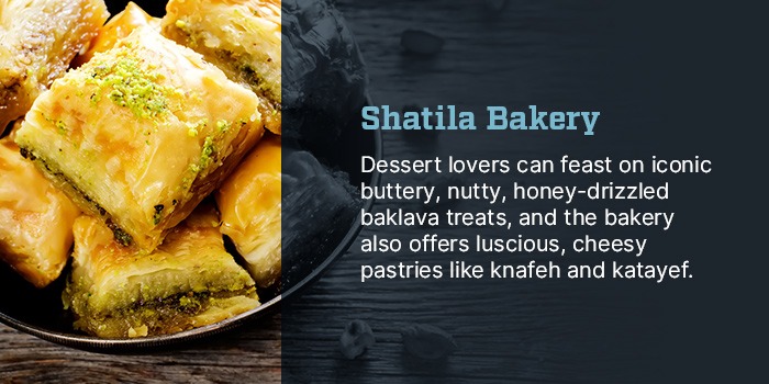 Shatila Bakery Detroit. Dessert lovers can feast on iconic buttery, nutty, honey-drizzled baklava treats, and the bakery also offers luscious, cheesy pastries like knafeh and katayef. Photo of baklava on a plate.