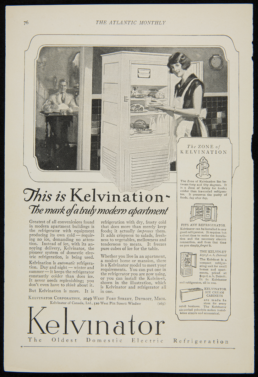 Kelvinator ad, 1925, showing a woman in an apron at a refrigerator and text explaining “kelvination”