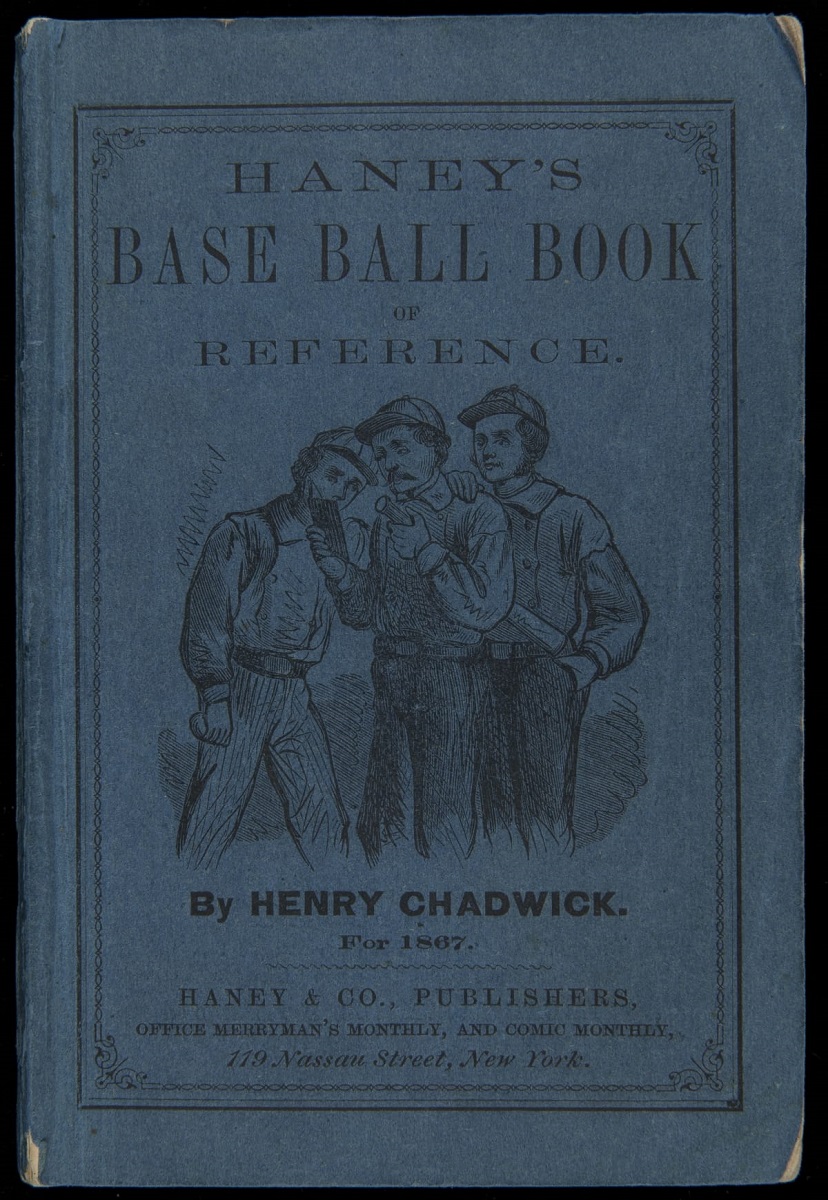 Blue book cover with text and image of three men in baseball uniforms