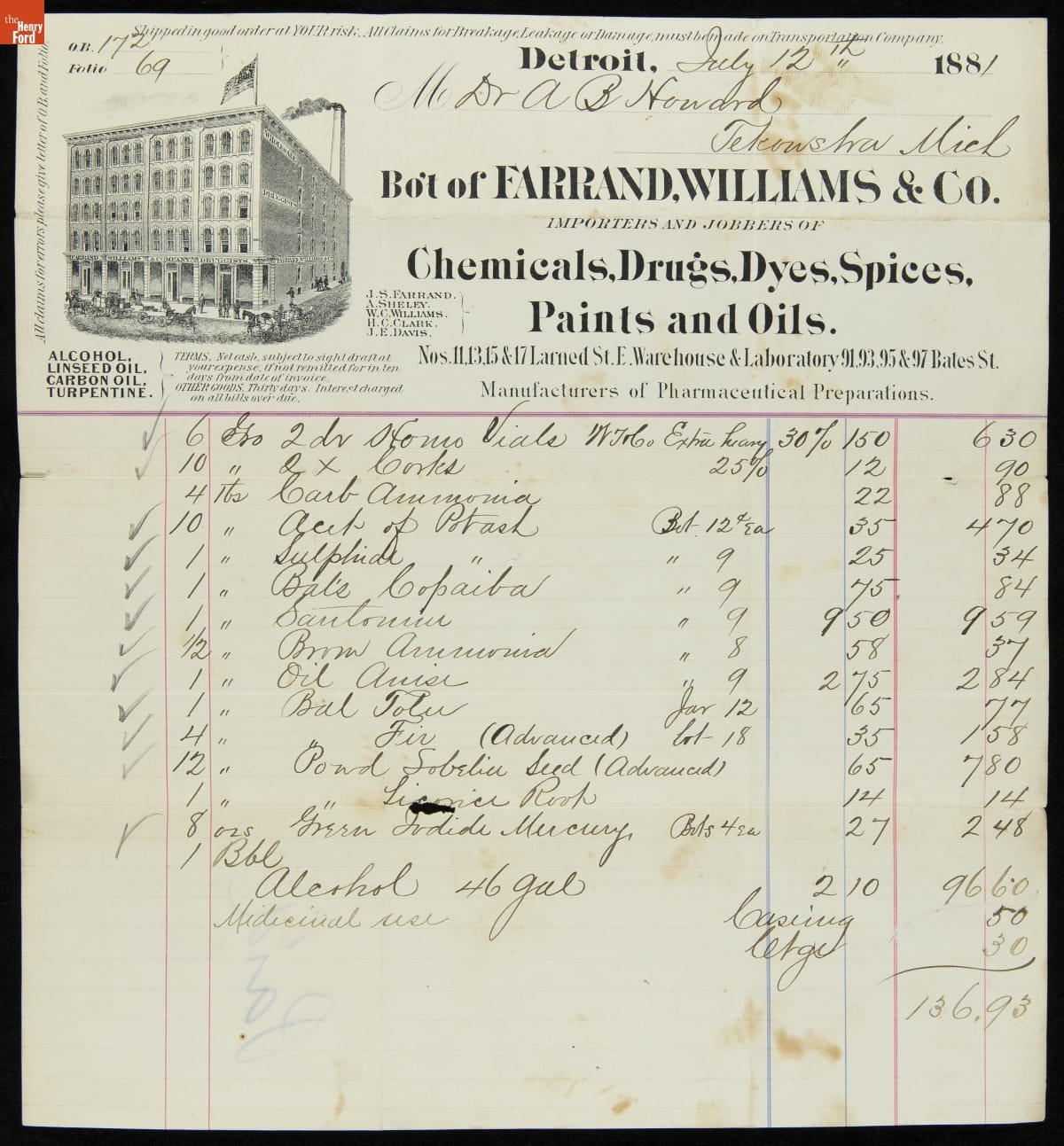 Receipt on letterhead with handwritten list of items, quantities, and prices