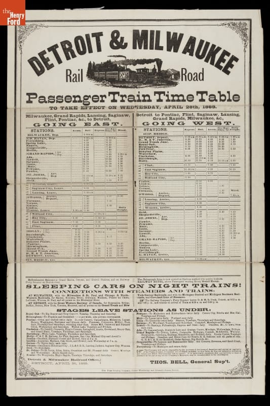 Timetable with image of train and text showing train stops and times