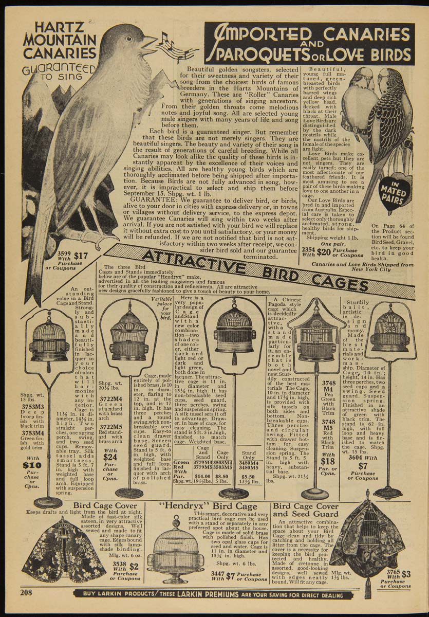 Page containing line drawings of birds and birdcages and lots of text