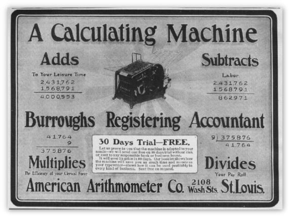 Gray card with image of black machine in center; text and mathematical operations around the sides