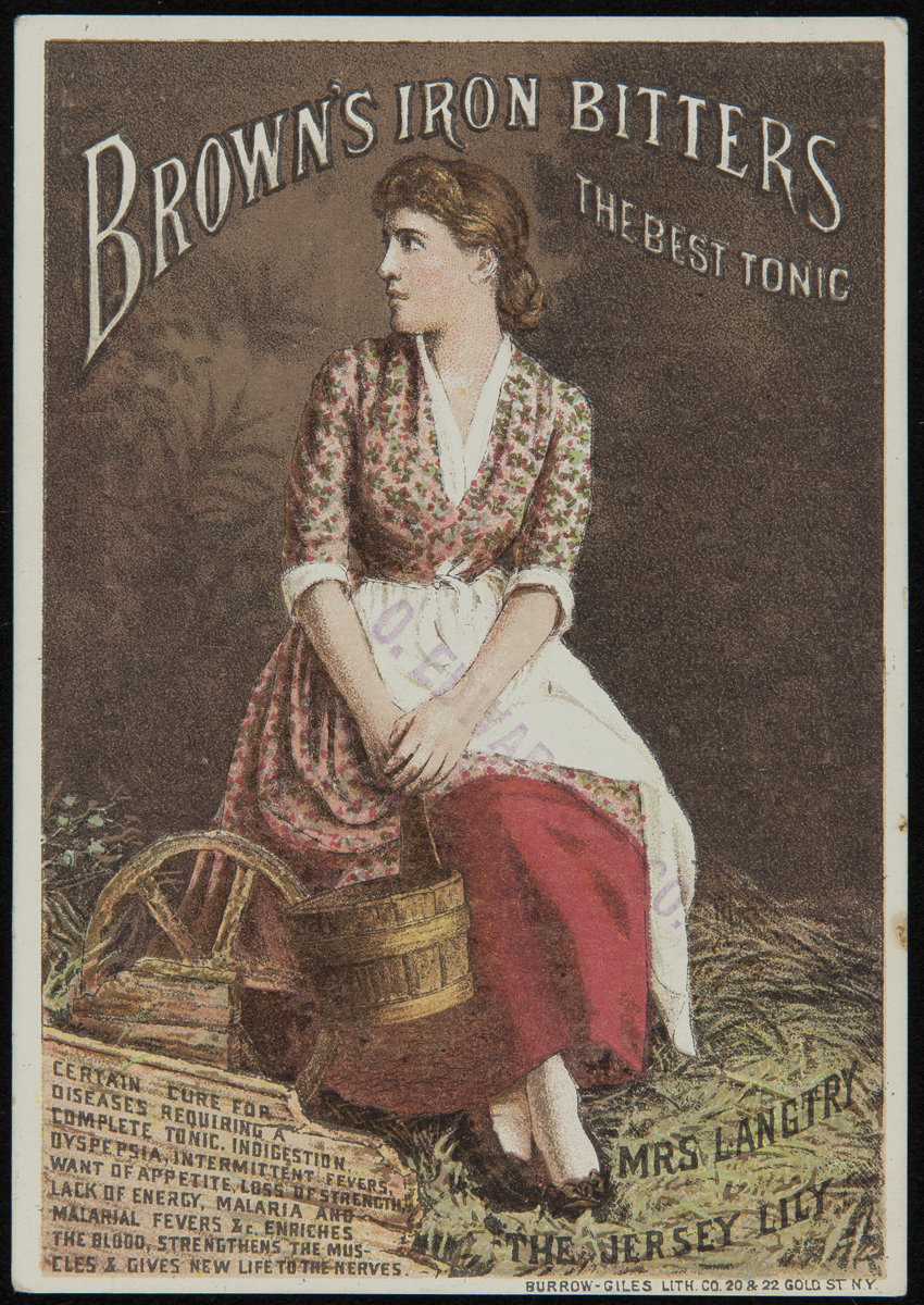 Card with seated woman in dress and apron, holding a bucket; also contains text