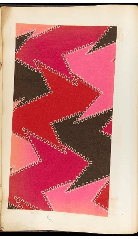 GIF cycling through three sheets containing one large rectangular fabric sample per page; colors and patterns vary