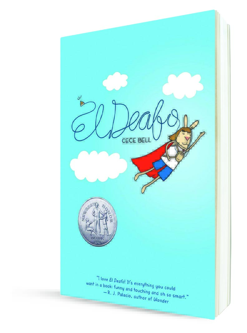 Book with blue cover with text and image of flying person with bunny ears and nose, wearing cape and flying