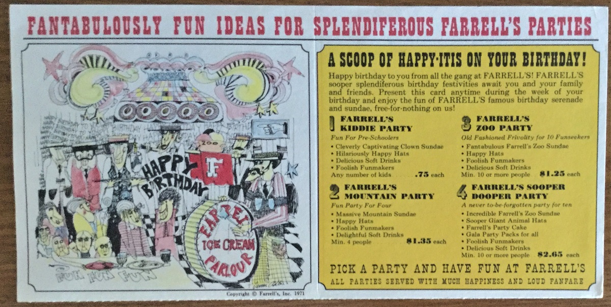 Card with drawing of stylized people on left side; text about different types of parties on the right side