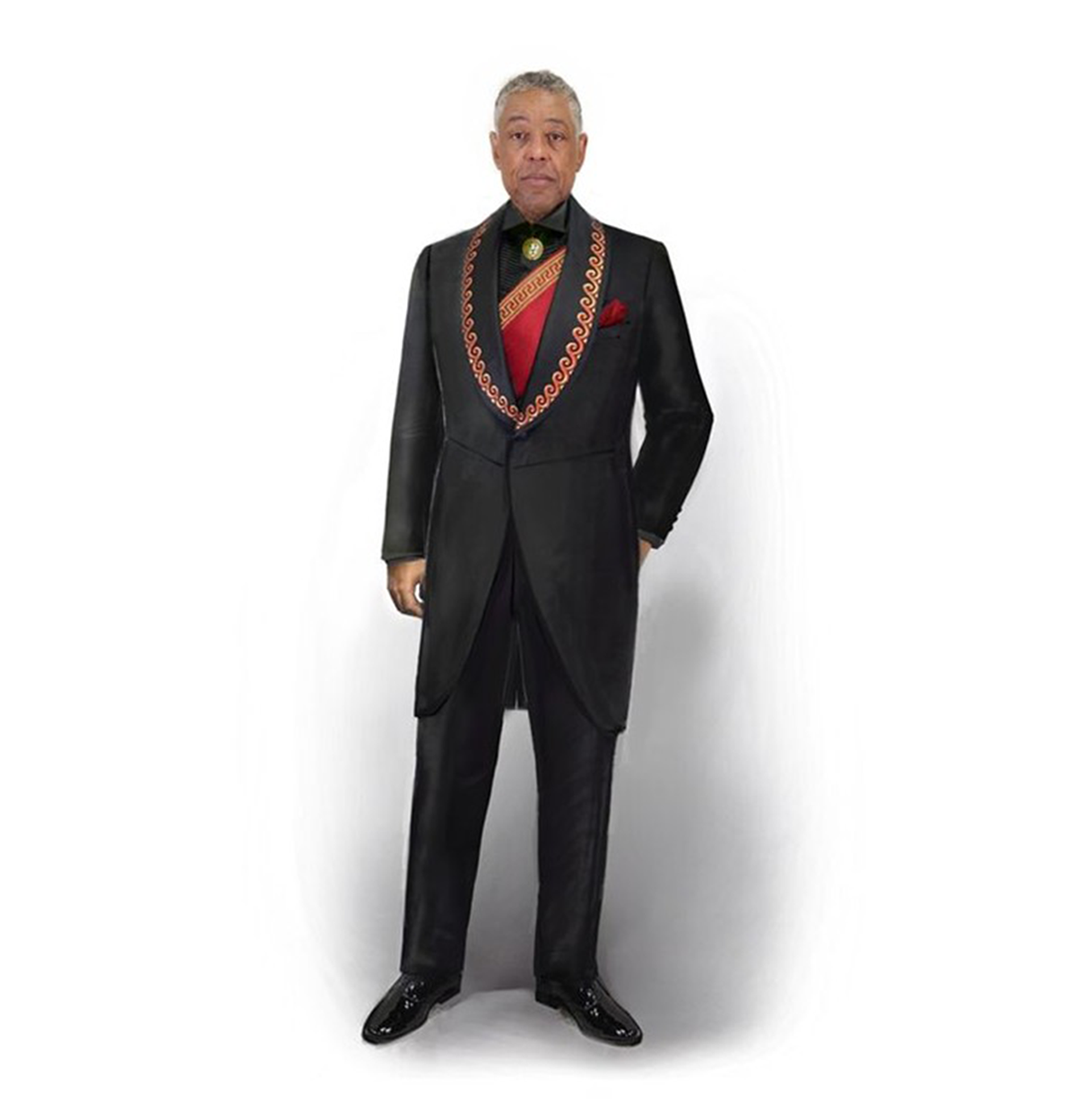 Man in a black suit with a red tie