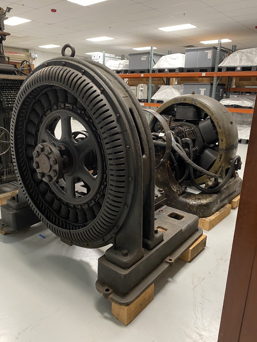 Large generators in our storage building. Large black circular machinery/equipment