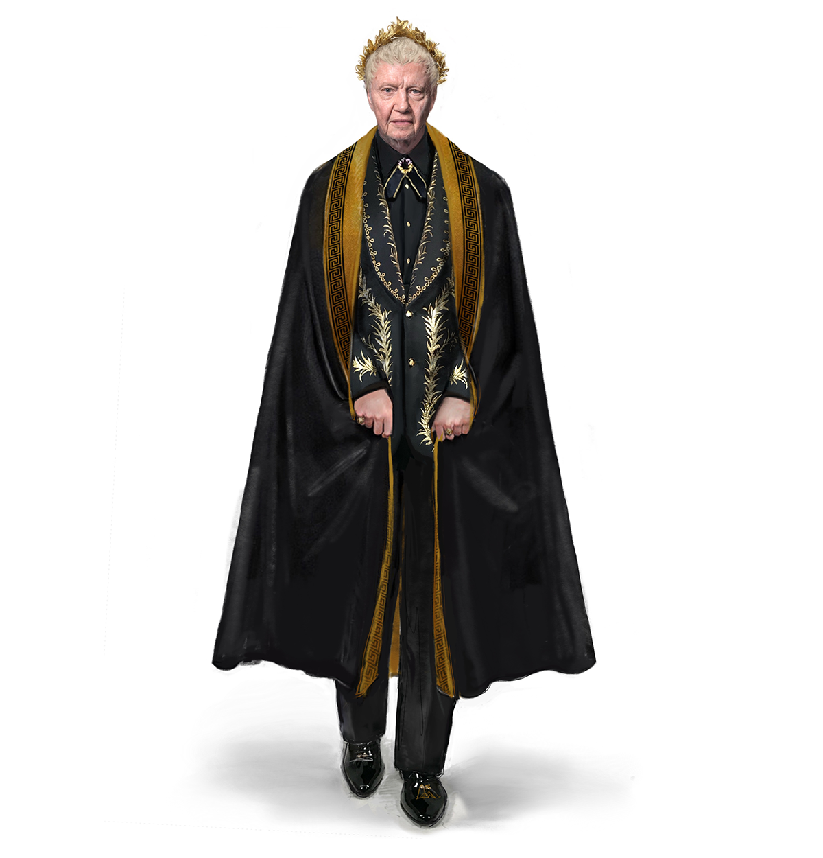 man in a black cape and gold crown