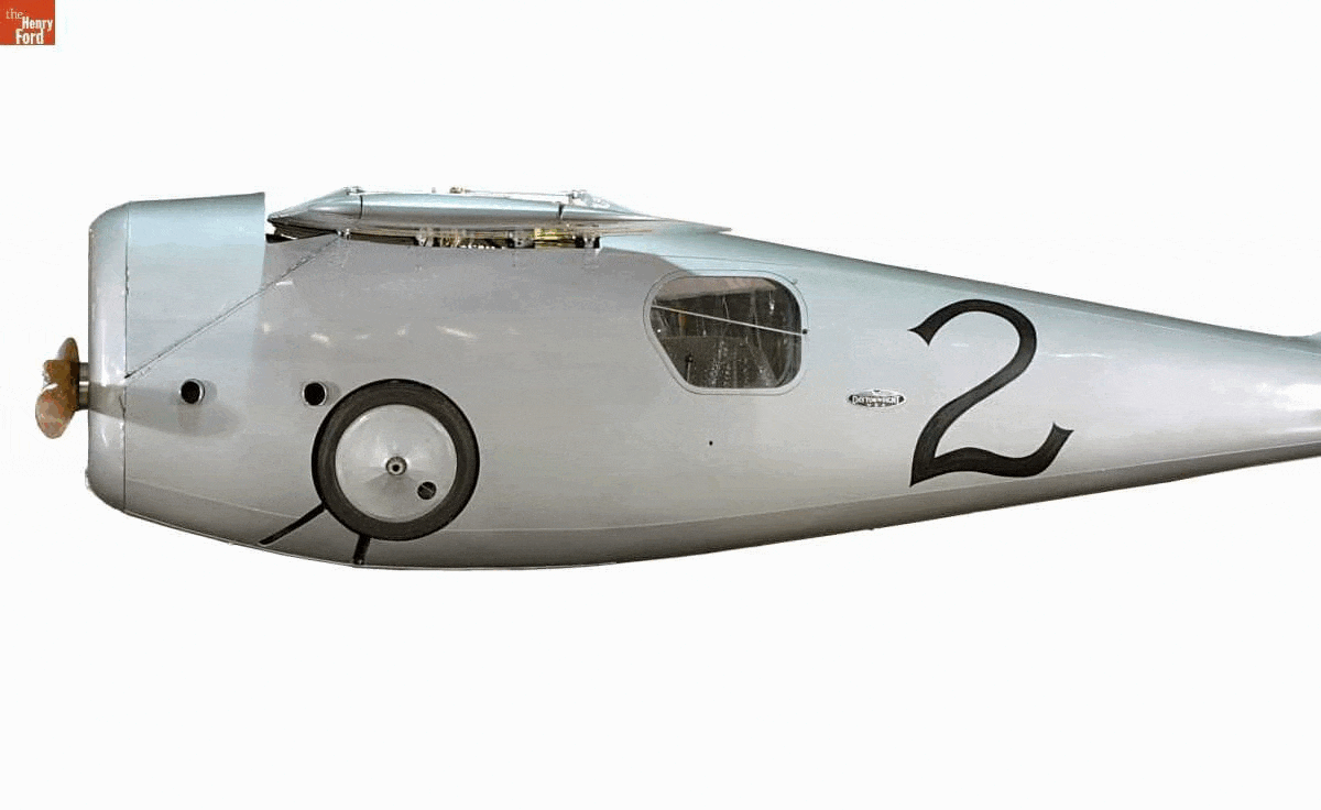1920 Dayton-Wright RB-1 Monoplane, detail shots GIF featuring three rotating images of small silver plane extending retractable wheels and lowering wing flaps