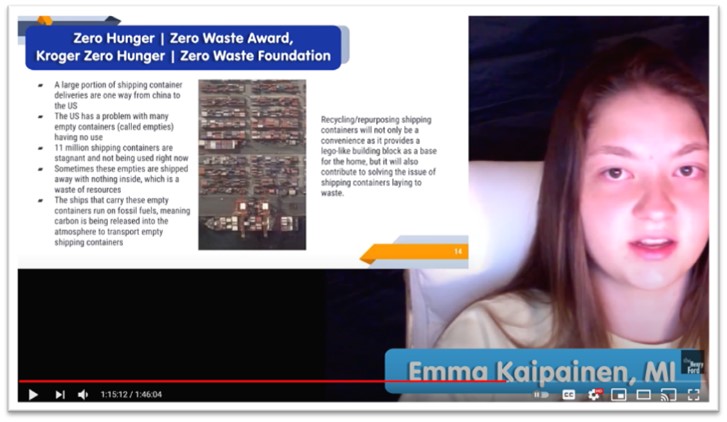 Video screen capture showing a girl with brown hair and a slide with text