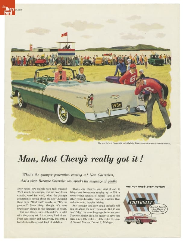 Advertisement with text and image of green and white convertible car with people in and around it while a salt flats car race (?) is watched by a crowd in the background 
