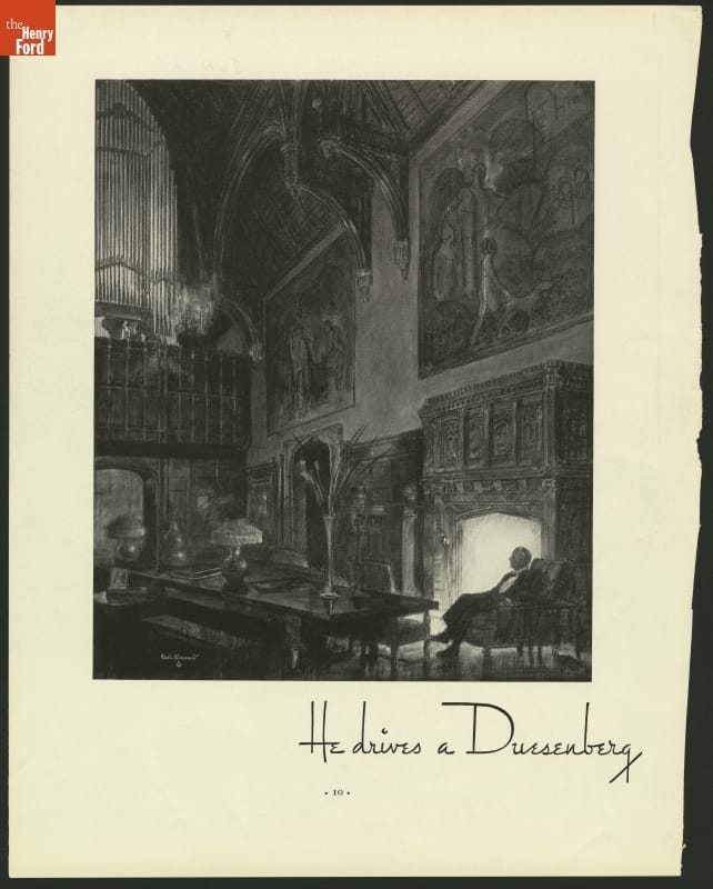 Etching of man sitting by a fireplace in luxurious vaulted room with text "He drives a Duesenberg"
