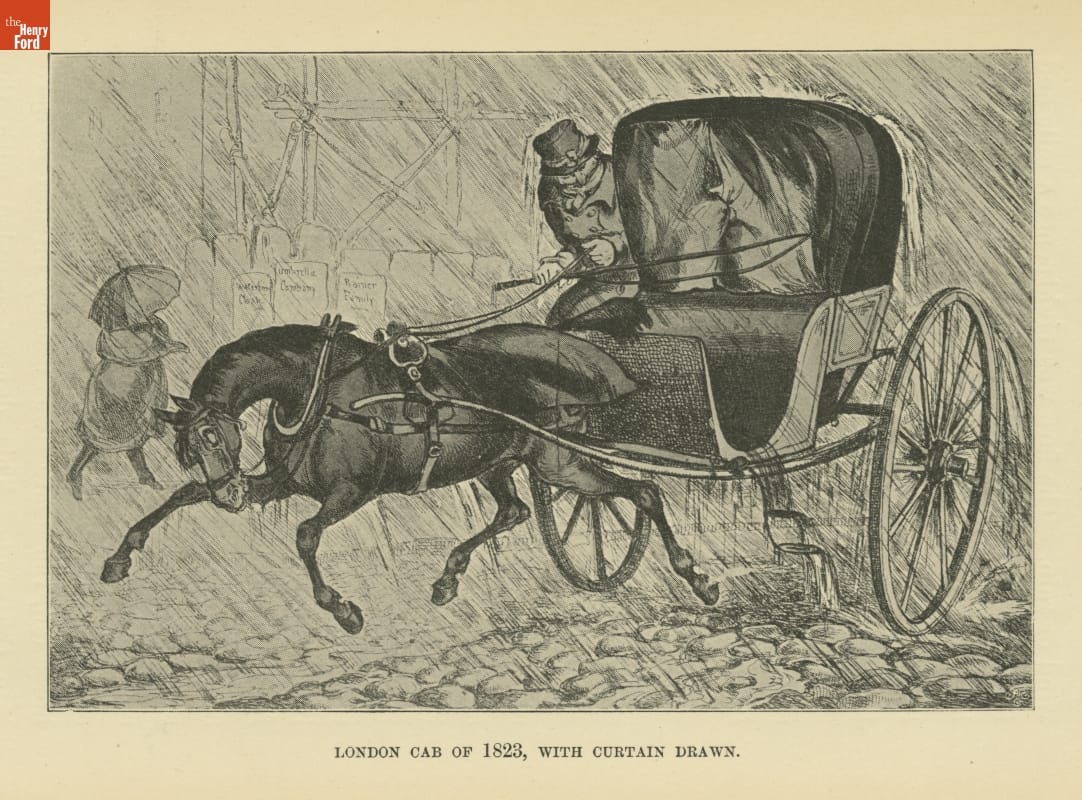 Image of horse and carriage, driver sitting in carriage, on a rainy street