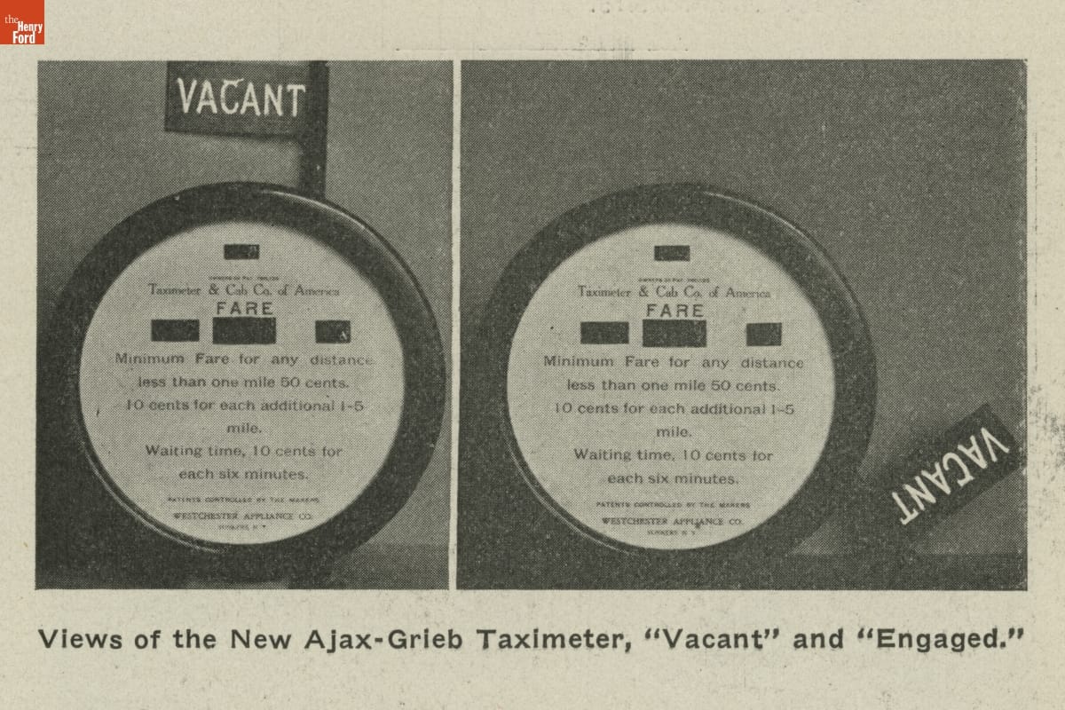 Two black-and-white images of a meter, one with "VACANT" flag raised and the other with it lowered; also contains text