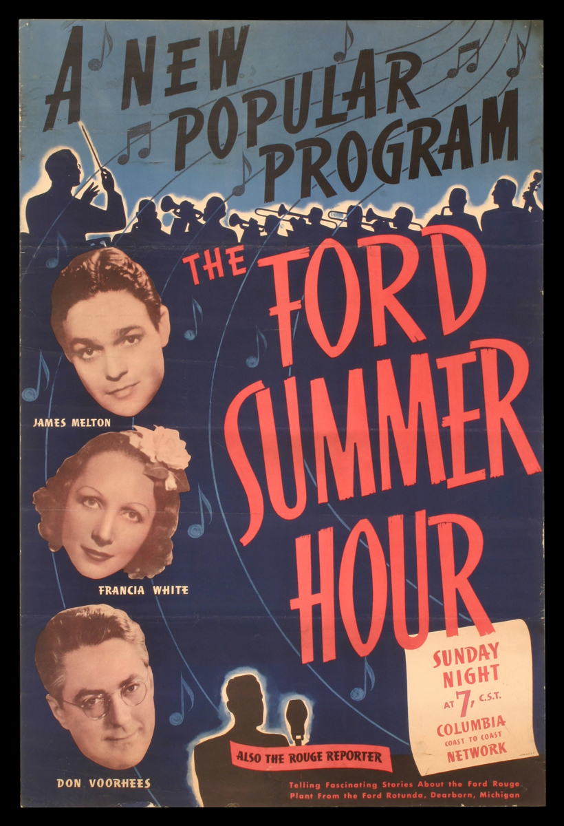 Poster with images of three people's heads and text of varying sizes/colors, against a backdrop of a silhouetted orchestra with conductor; also contains musical notes