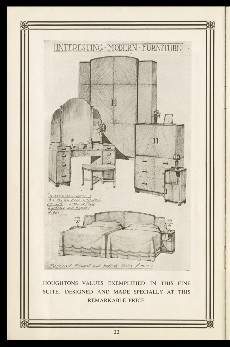 Page with text and drawings of furniture--a wardrobe, dressing table and stool, dresser, nightstand, and two beds with a large headboard and two side tables