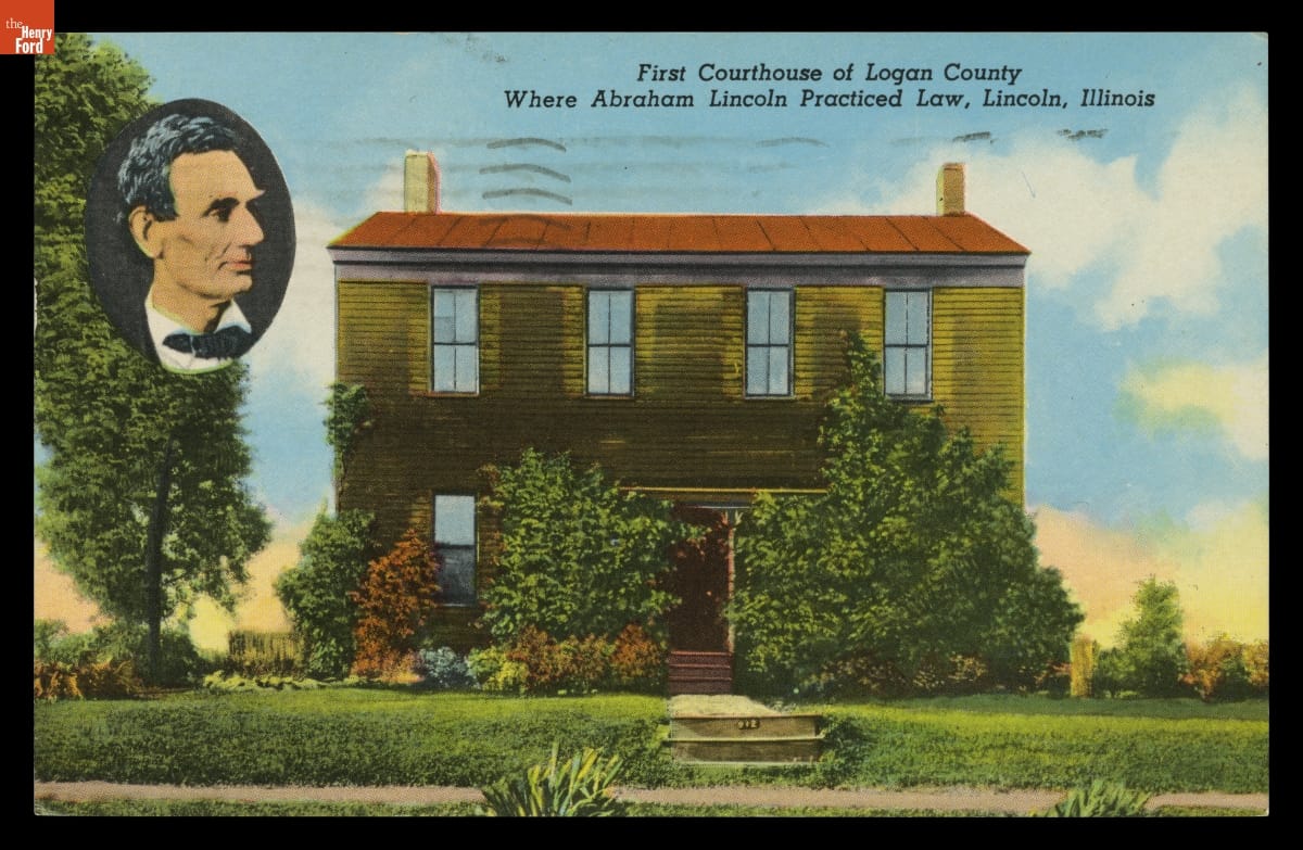 "First Court House of Logan County Where Abraham Lincoln Practiced Law, Lincoln, Ill.," 1927 Postcard Color postcard of two-story wooden building, inset oval portrait of a man's profile, and text