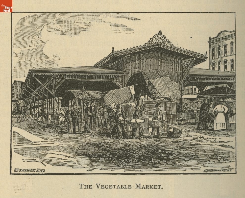 "History of Detroit and Michigan," 1884 / page 794, detail Large, open-sided building with many stands and people around it
