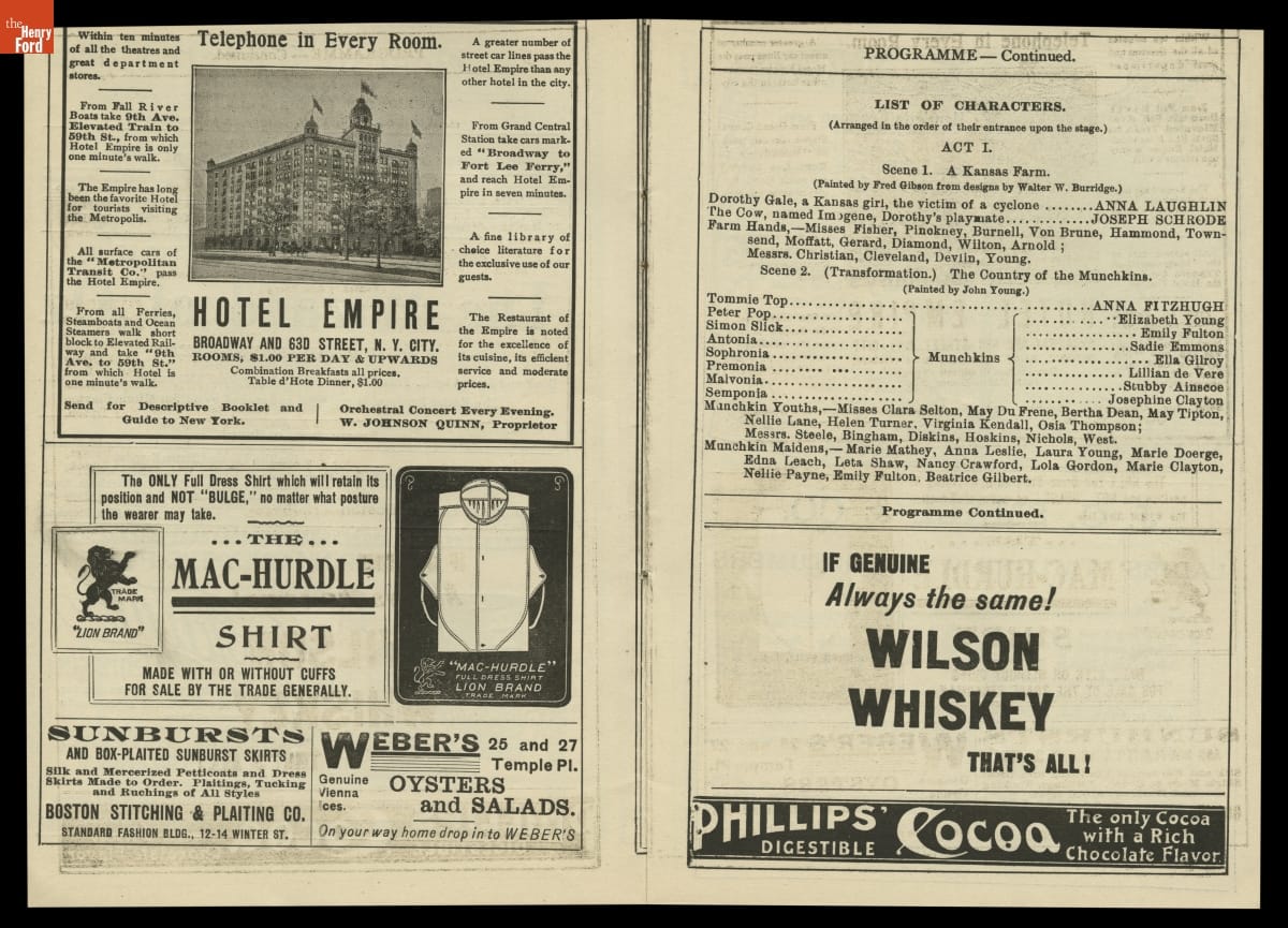 The cast list for Act I in the program includes Dorothy Gale and “Dorothy’s playmate,” the cow Imogene. Two pages with "List of Characters, Act I," and ads with images and text