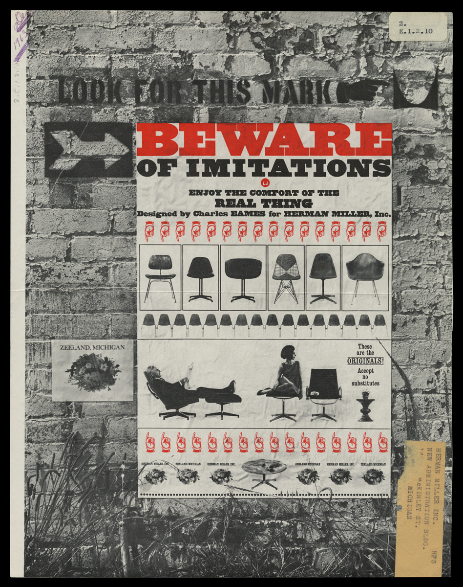 Page with background of brick wall in black-and-white topped with "poster" of chairs in black and white and text and pointing hand icons in red
