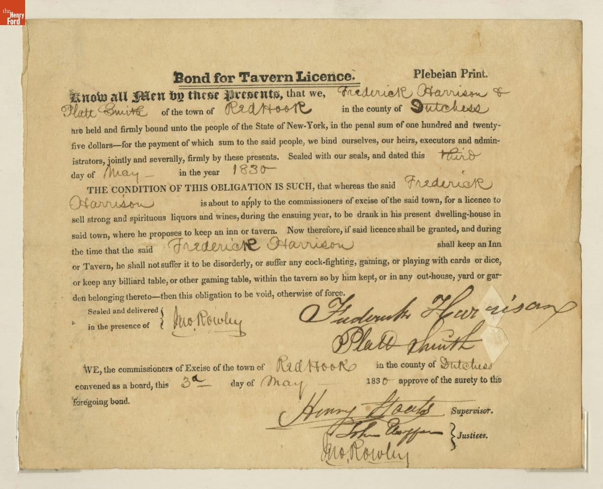 Bond for Tavern Licence in Red Hook, New York, May 3, 1830 Page containing printed and handwritten text, along with signatures