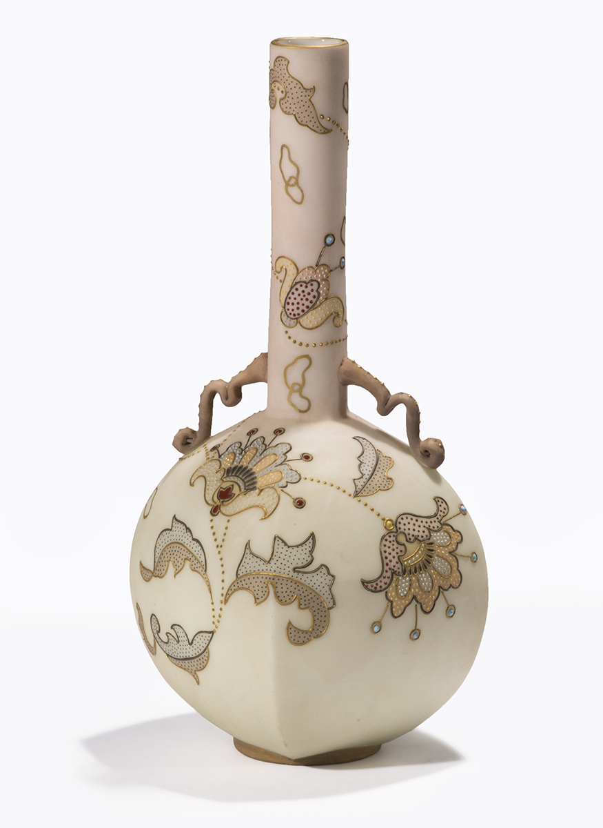 Cream-colored vase with tall narrow neck and wide, short body, with stippled floral pattern in neutral shades