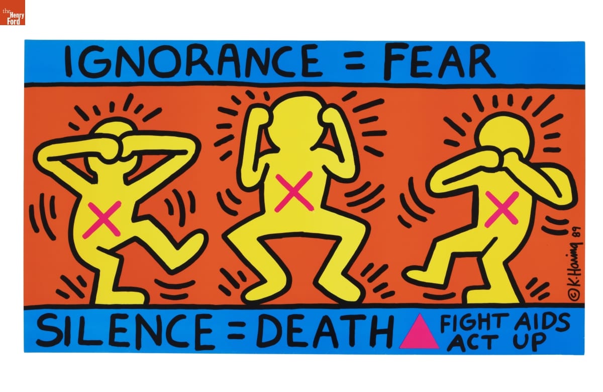 Poster with simple yellow human figures with hands over eyes, ears, and mouth, respectively, with blue bands containing text at top and bottom of poster