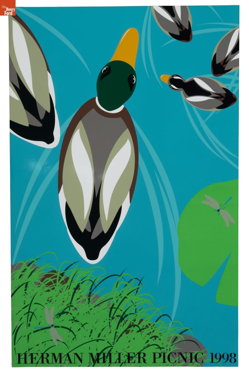 Poster illustrating aerial view of large and small mallard ducks swimming by a lilypad