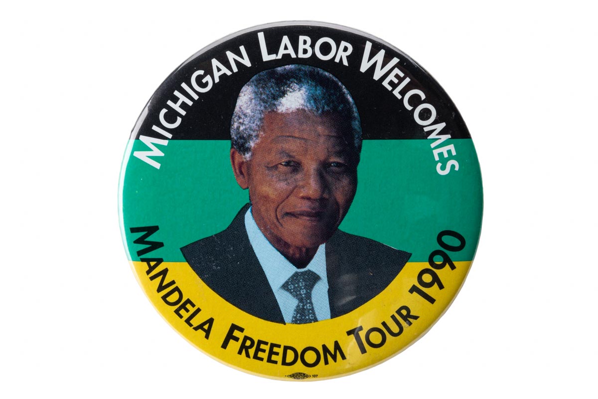 Button welcoming Nelson Mandela to Detroit on his 1990 “Freedom Tour”