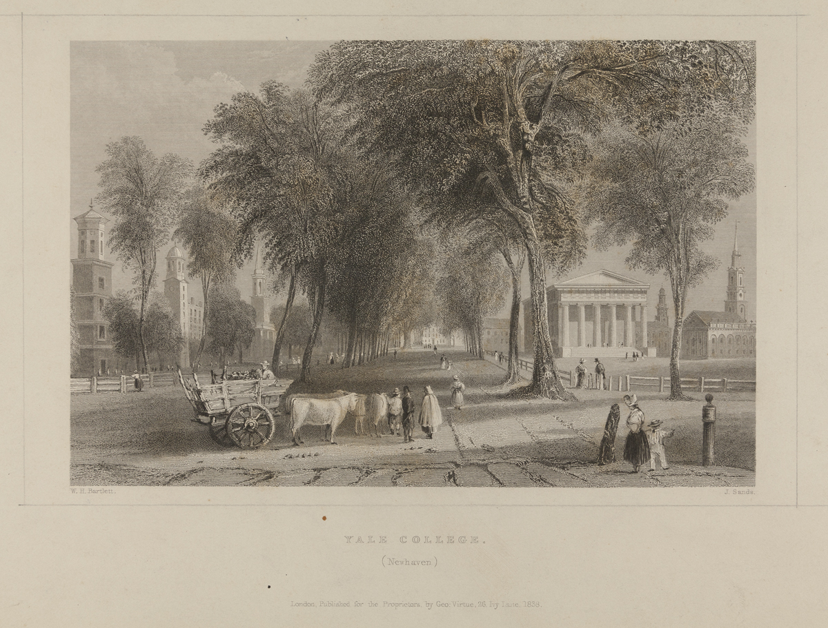 Engraving of street scene with trees, buildings, people, and an oxcart in the foreground 