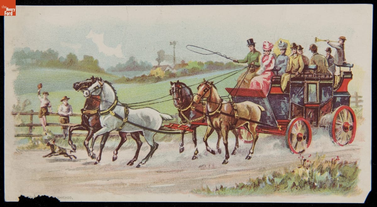 Four horses pull a coach with a number of passengers; two boys watch from a fence nearby and a dog barks at the lead horses