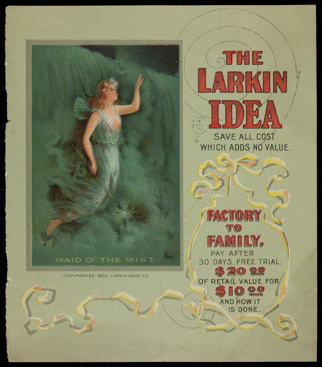 Trade Card for the Larkin Soap Company, 1900 Green card with text and image of woman in wispy dress with wings