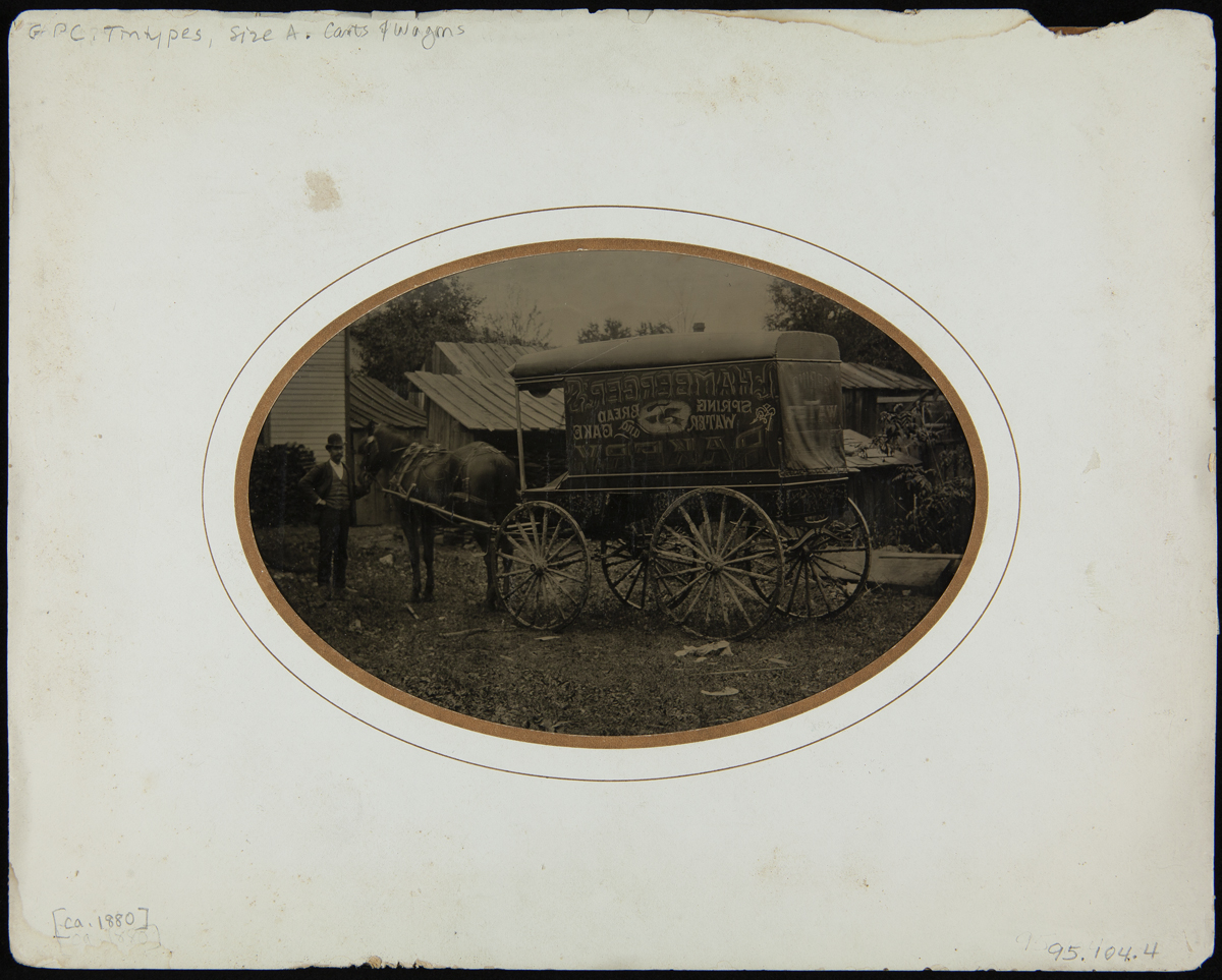 L. Hamberger's Bakery Wagon, circa 1880 White mat with oval image of man with horse and wagon