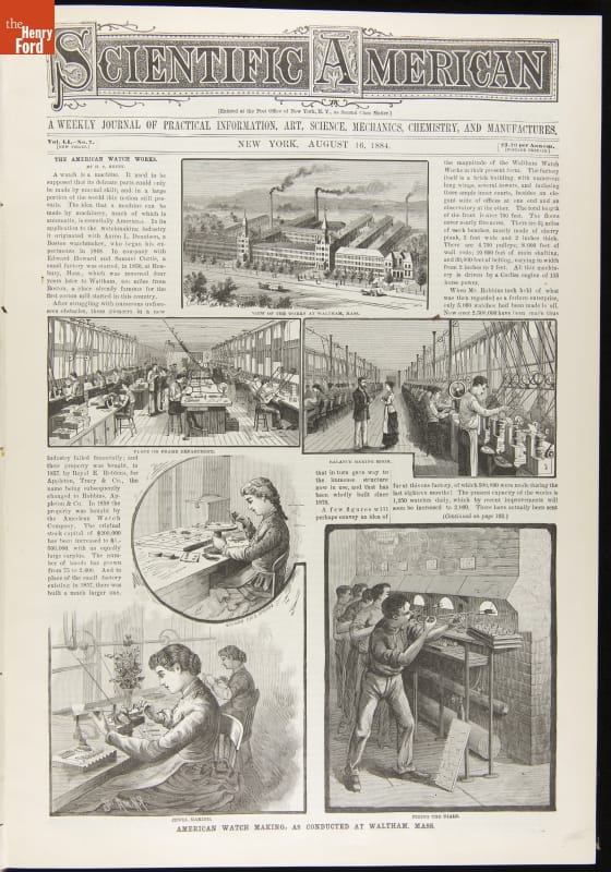"Scientific American," Vol. 51, July-December 1884 / page 95 Page with text and five illustrations of a factory and factory workers