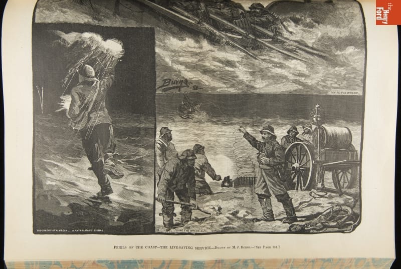 Several images with men in wet-weather gear, working