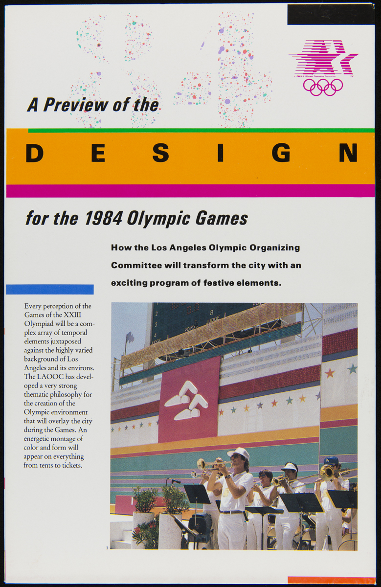 Page with text, colorful graphics, and photo of people playing instruments in front of a colorful backdrop or grandstand