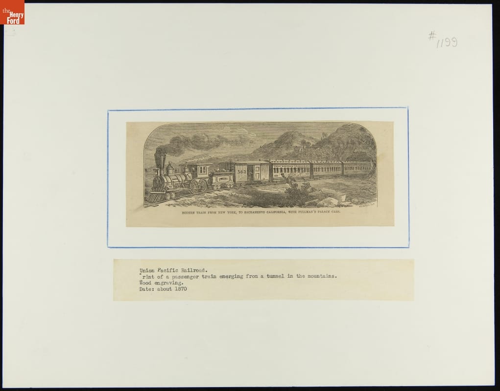 Print of train mounted on white matboard; also contains text