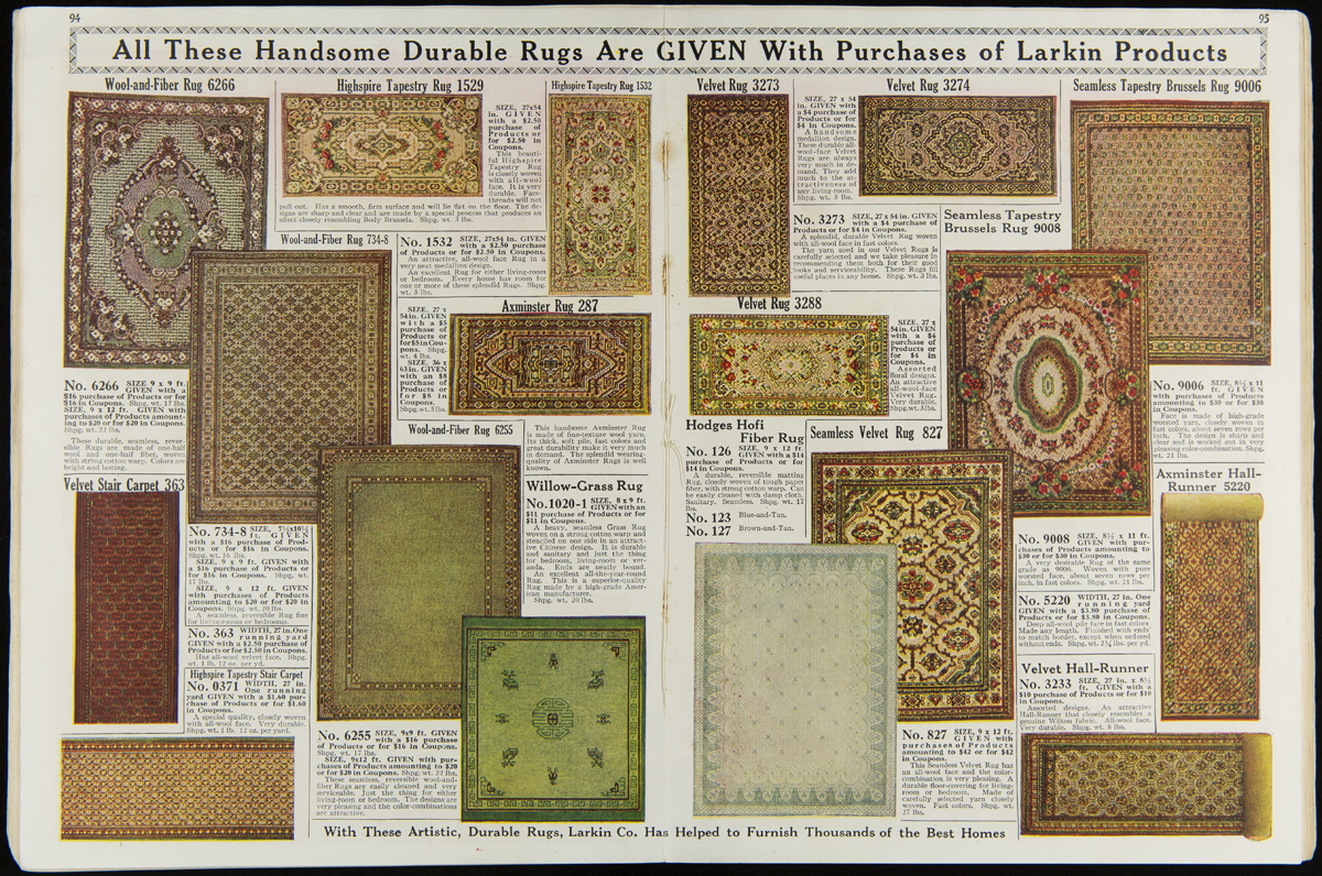 Larkin Company Trade Catalog, "The Larkin Plan Factory-to-Family, Catalog No. 78," Fall and Winter 1917-1918 Two-page spread with images of rugs and text