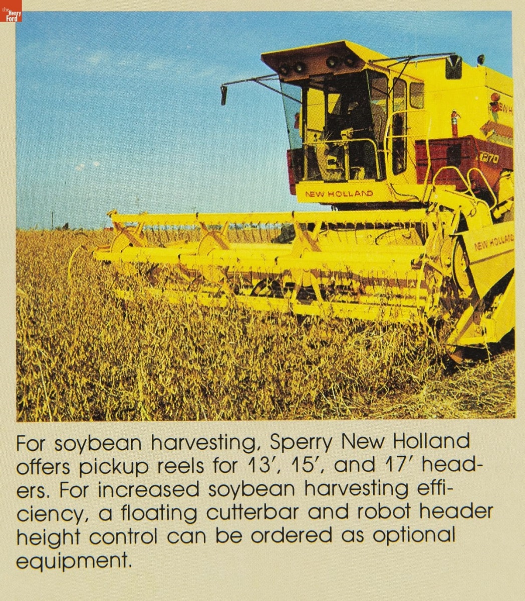 Page with text and image of yellow agricultural equipment with reel in front harvesting a crop in a field