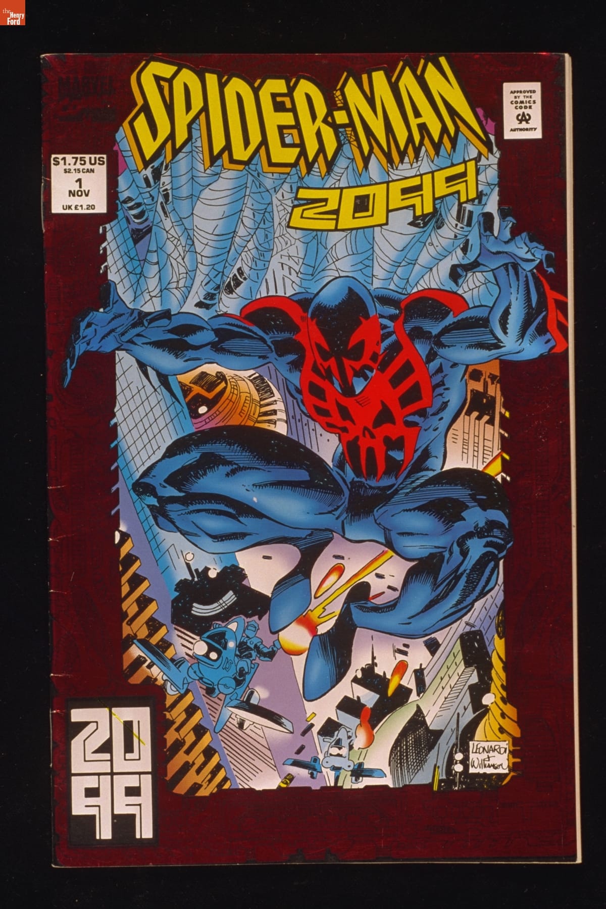 Muscled blue-and-red character is in mid-air with what appears to be a city scene behind; with text