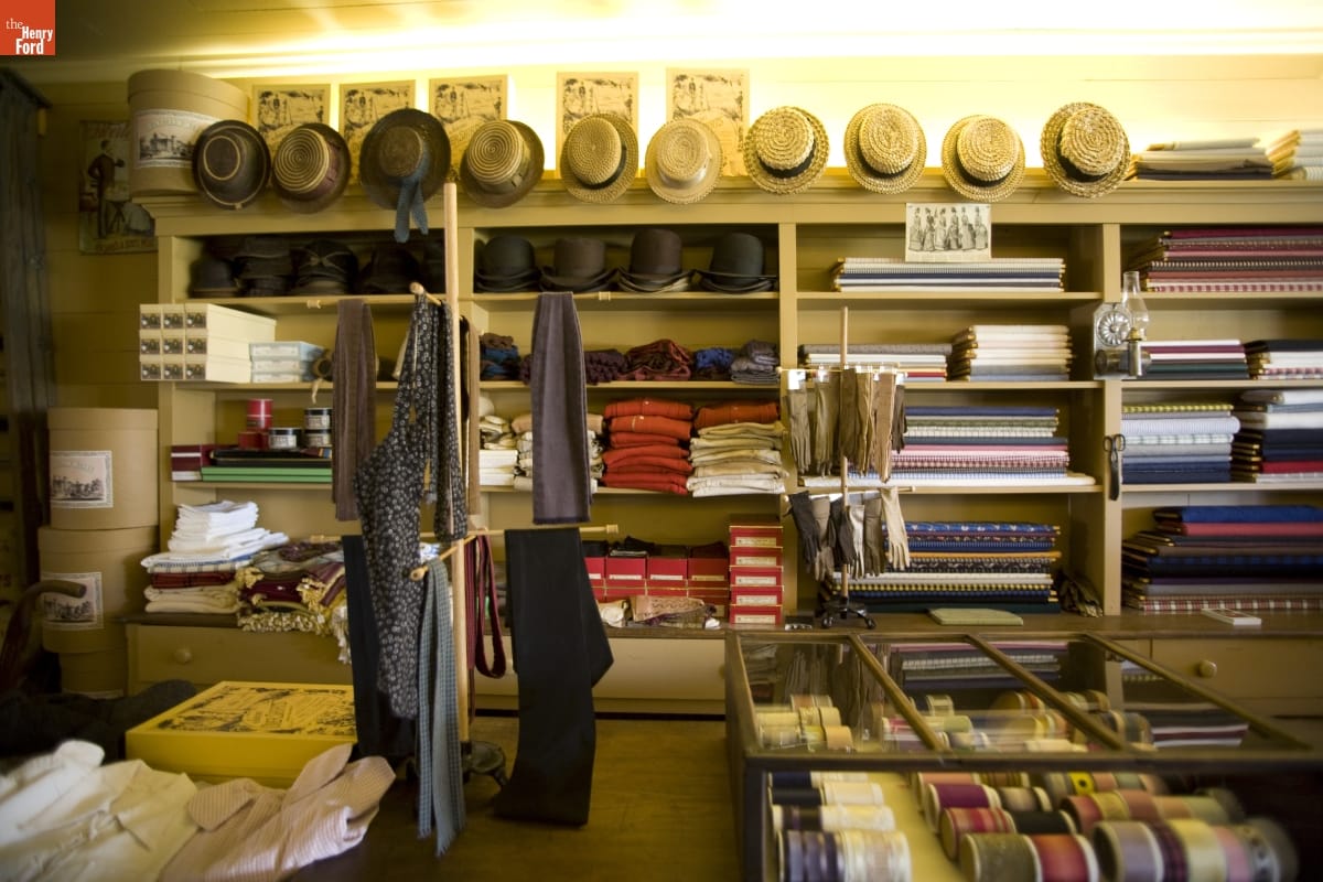 J.R. Jones General Store in Greenfield Village, September 2007 / Photographed by Michelle Andonian Store shelves and display cases holding clothing, fabric, and other items