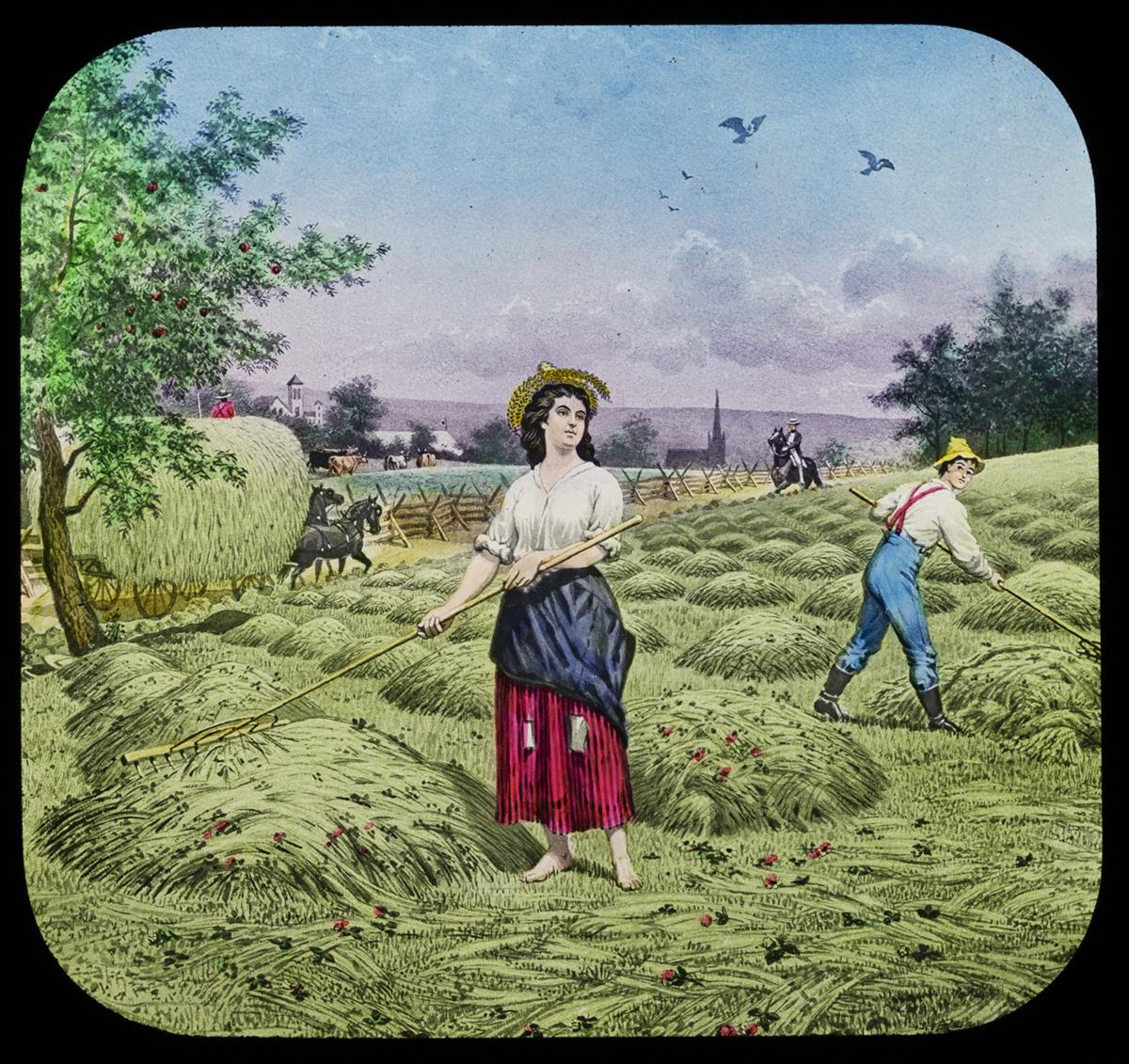 Colorful image of woman raking hay in a field, with other people, horses, and wagons nearby