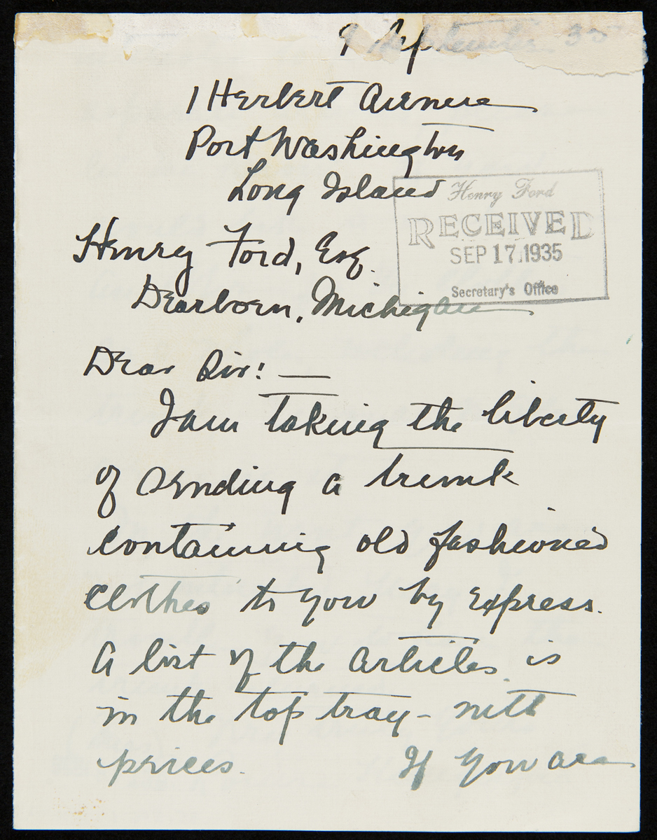 Letter from E. Louise Hungerford to Henry Ford Offering to Sell a Trunk with "Old Fashioned Clothes," September 9, 1935 / page 1 front Page of hand-written (cursive) letter