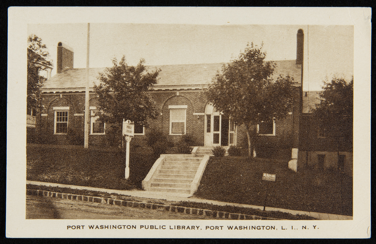 Port Washington Public Library, Port Washington, L.I., N.Y., circa 1930 Brick building with sloping lawn and steps down to sidewalk in front; also contains text