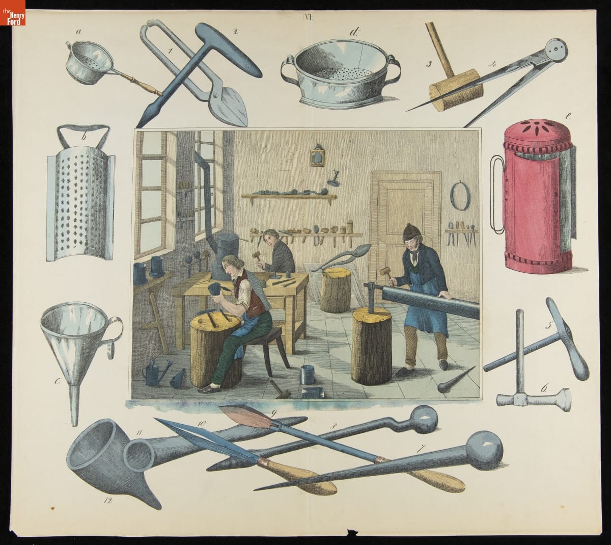 Lithograph depicting tinsmiths working in a workshop surrounded by tools of their trade