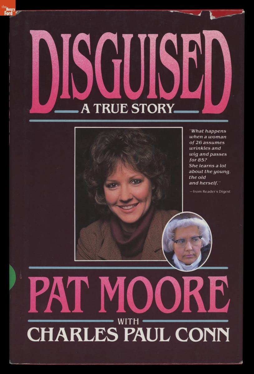 Book cover with text, portrait of smiling woman, and inset image of same woman in white wig, glasses, and makeup to simulate aging
