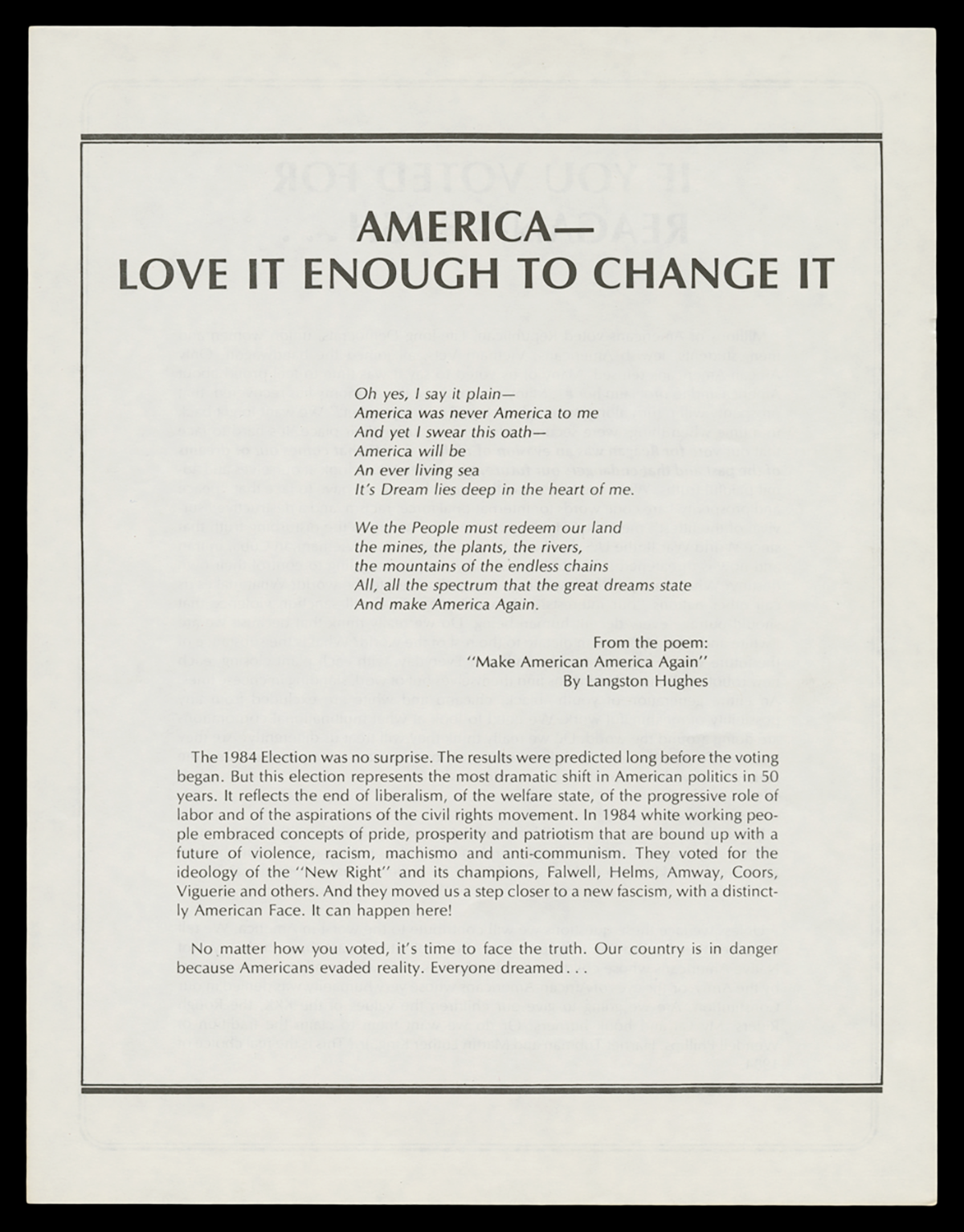 America — Love It Enough to Change It, 1984. Grace Lee Boggs's pamphlet focused on the 1984 election and reactions to the Reagan administration.